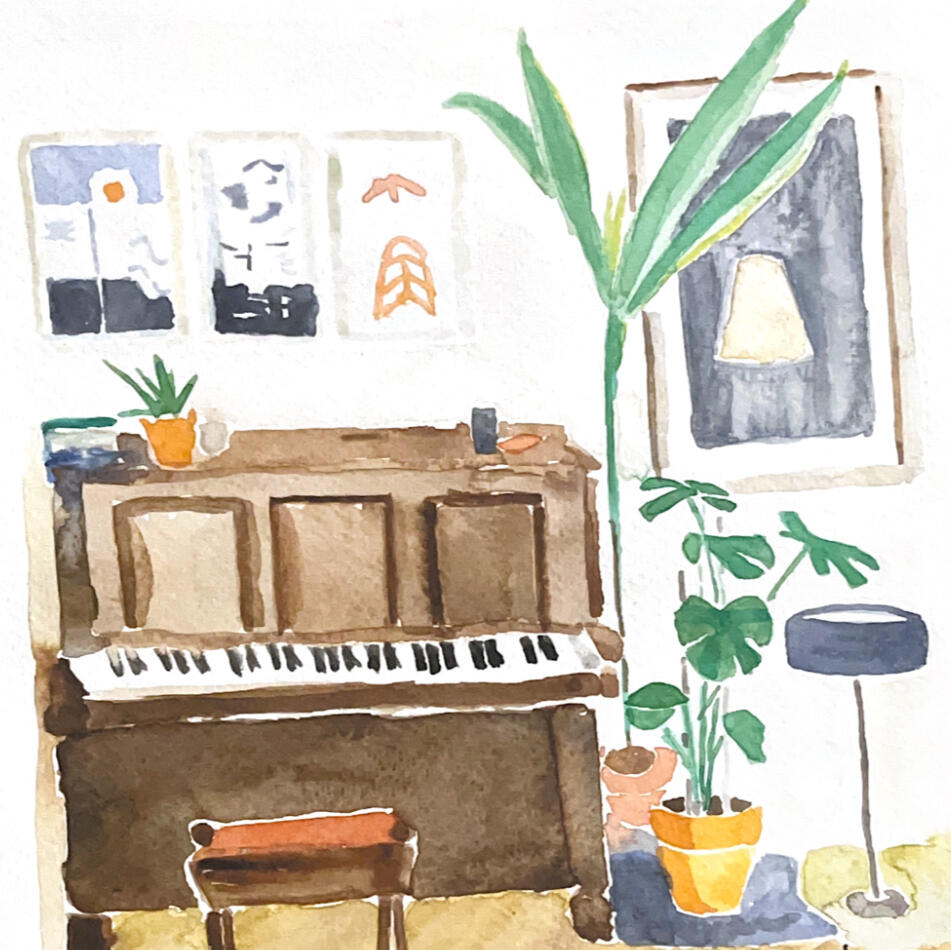 Watercolour painting of piano and plants
